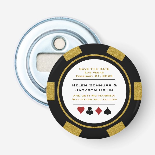 Las Vegas Black Gold Poker Chip Save the Date Flaschenöffner (Vorderseite)