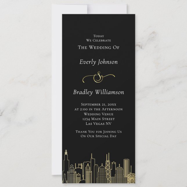 Las Vegas Black Gold White Skyline Wedding Program (Vorderseite)