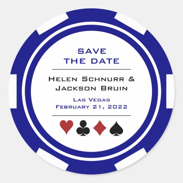 Las Vegas Blue White Poker Chip Save the Date Runder Aufkleber (Vorderseite)