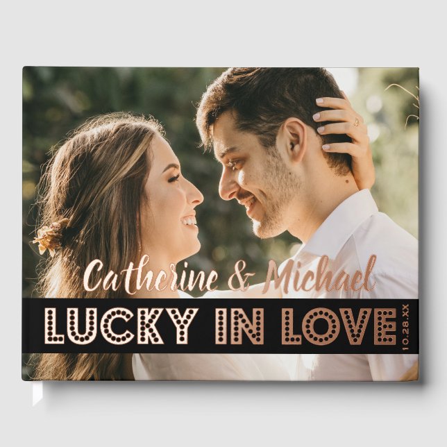 Las Vegas Casino Hochzeit Foto Black & Gold Gästebuch (Vorderseite)