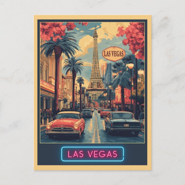 Las Vegas Cityscape mit Eiffelturm - Retro Postkarte (Vorderseite)