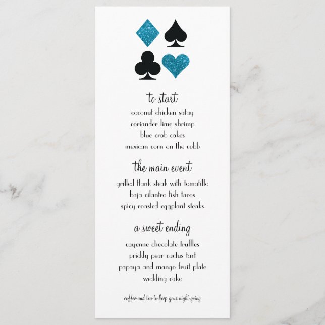 Las Vegas Destiny Blue Glitzer Wedding Menu Menükarte (Vorderseite)