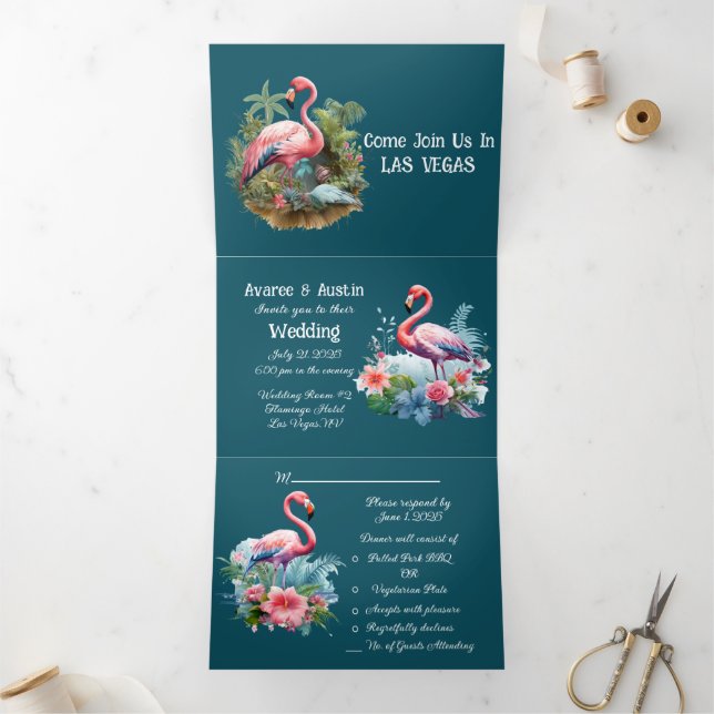 Las Vegas Pink Flamingos Dreifach Gefaltete Einladung (Innenseite)