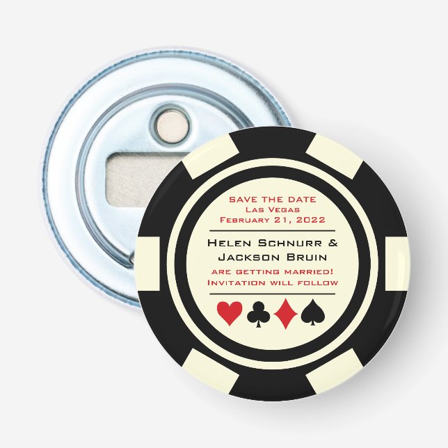 Las Vegas Schwarz-weiß Poker Chip Save the Date Flaschenöffner (Vorderseite)