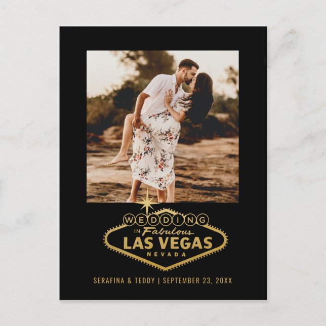 Las Vegas Wedding Black Gold Foto Save the Date Ankündigungspostkarte (Vorderseite)