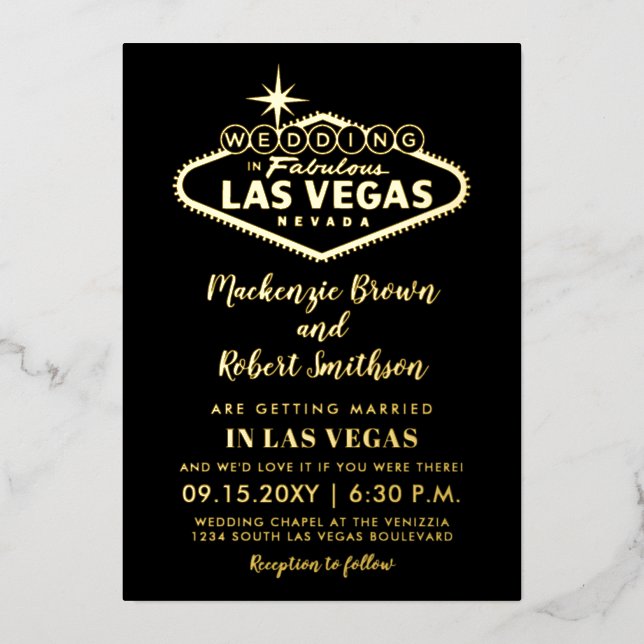 Las Vegas Wedding Gold Black mit Informationen auf Folieneinladung (Vorderseite)