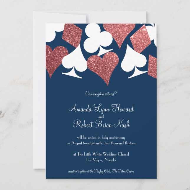 Las Vegas Wedding Navy mit Rose Gold Glitzer Einladung (Vorderseite)