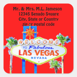 Las Vegas Welcome Sign Red Address Label Quadratischer Aufkleber