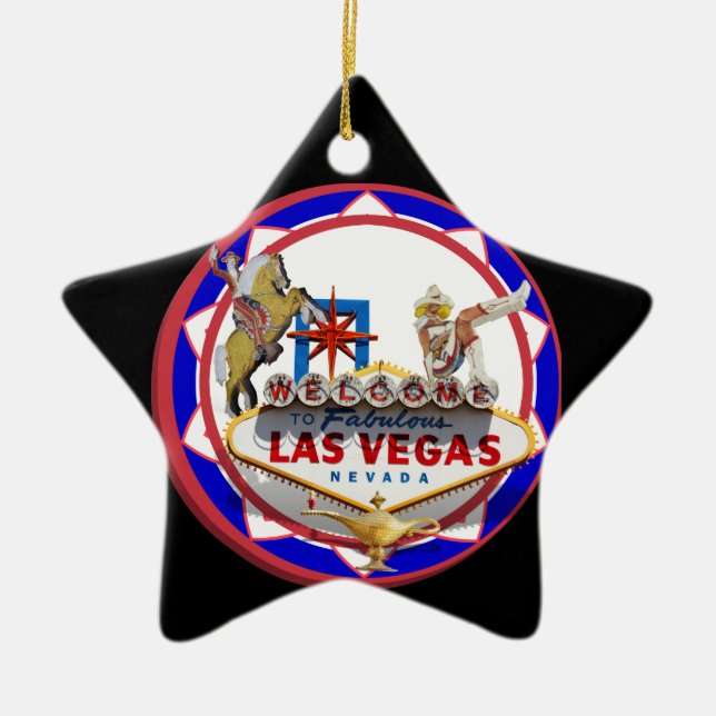 Las Vegas Welcome Sign Red & Blue Poker Chip Keramikornament (Vorne)