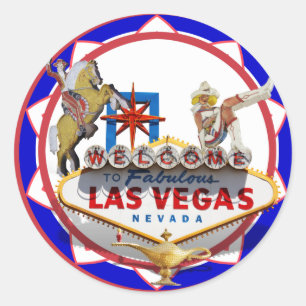 Las Vegas Welcome Sign Red & Blue Poker Chip Runder Aufkleber