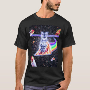 Laser-Augen Weltraumkatze reitet Regenbogenpizza T-Shirt