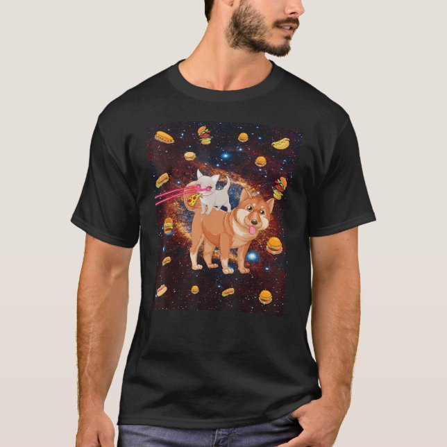 Laser Augkatzen im Weltraum Hundekatzen essen Pizz T-Shirt (Vorderseite)