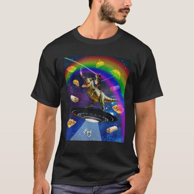 Laser Eyes Outer Space Cat Riding On T Rex Dinosau T-Shirt (Vorderseite)