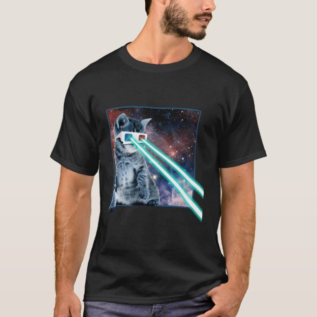 Laser Eyes Space Cat Kitty 3D Brille T-Shirt (Vorderseite)
