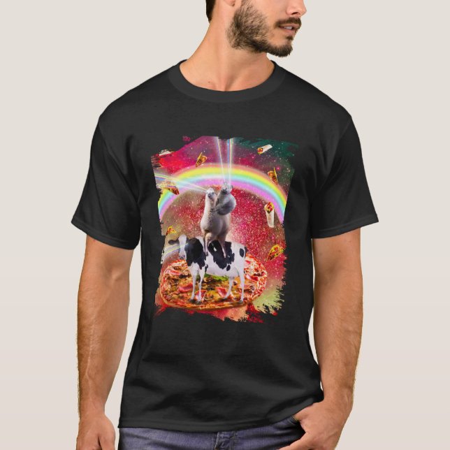 Laser Eyes Space Cat on Llama Cow - Rainbow Pullov T-Shirt (Vorderseite)