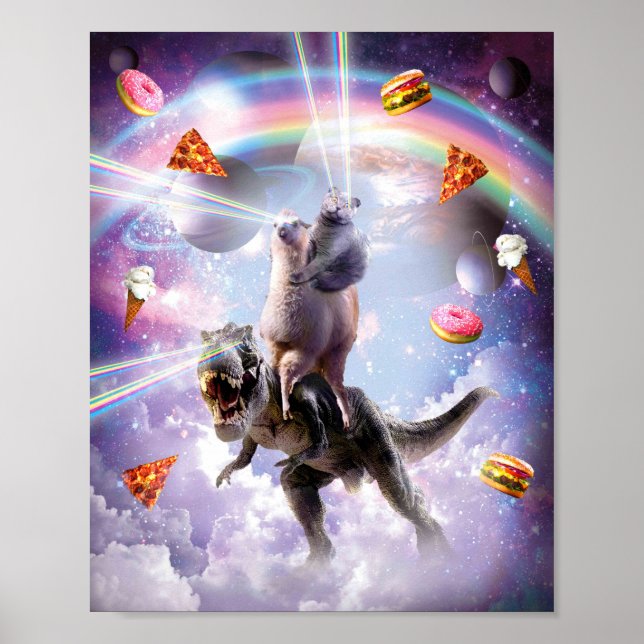 Laser Eyes Space Cat On Llama Dinosaur - Rainbow Poster (Vorne)