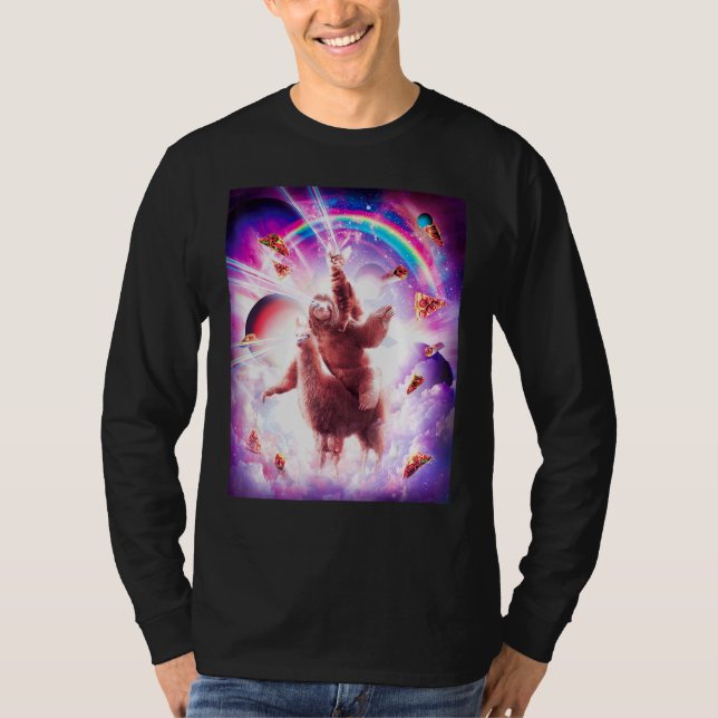 Laser Eyes Space Cat Riding Sloth Blade Regenbogen T-Shirt (Vorderseite)