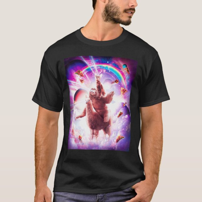 Laser Eyes Space Cat Riding Sloth Blade Regenbogen T-Shirt (Vorderseite)
