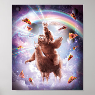 Laser Eyes Space Cat Riding Sloth, Llama - Regenbo Poster
