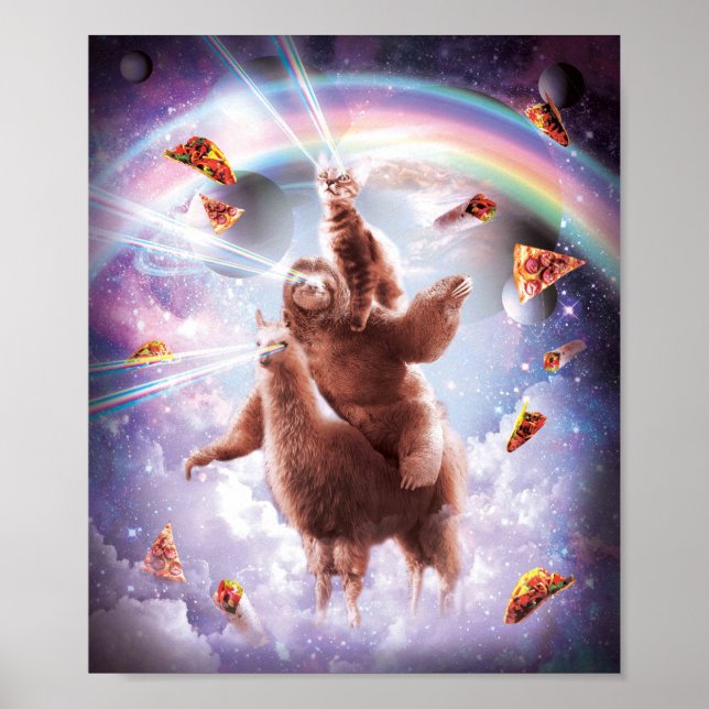 Laser Eyes Space Cat Riding Sloth, Llama - Regenbo Poster (Vorne)