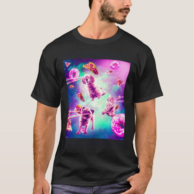 Laser Eyes Space Cat With Dog Pug  Rainbow T-Shirt (Vorderseite)