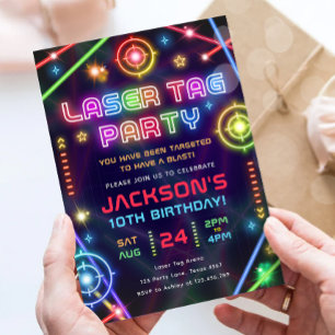 Laser Tag Neon Glow Arcade Party Boy Birthday Einladung