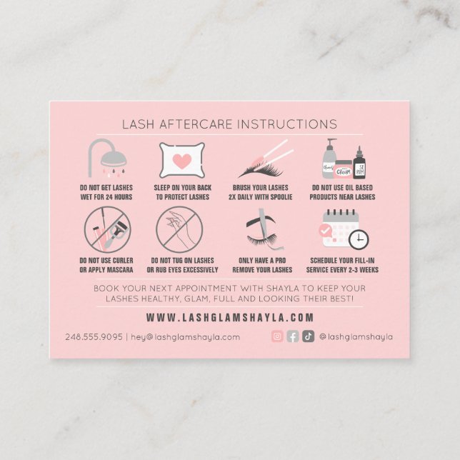 Lash Aftercare Instructions Extensions Care Cards Visitenkarte (Rückseite)