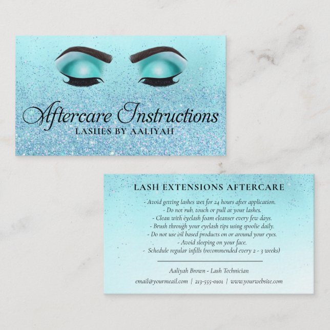 Lash Aftercare Instructions Turquoise Glam Glitzer Visitenkarte (Vorne/Hinten)
