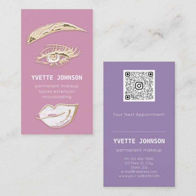 Lash Brows Permanent Makeup Logo QRCode Lip Pink Visitenkarte (Vorne/Hinten)