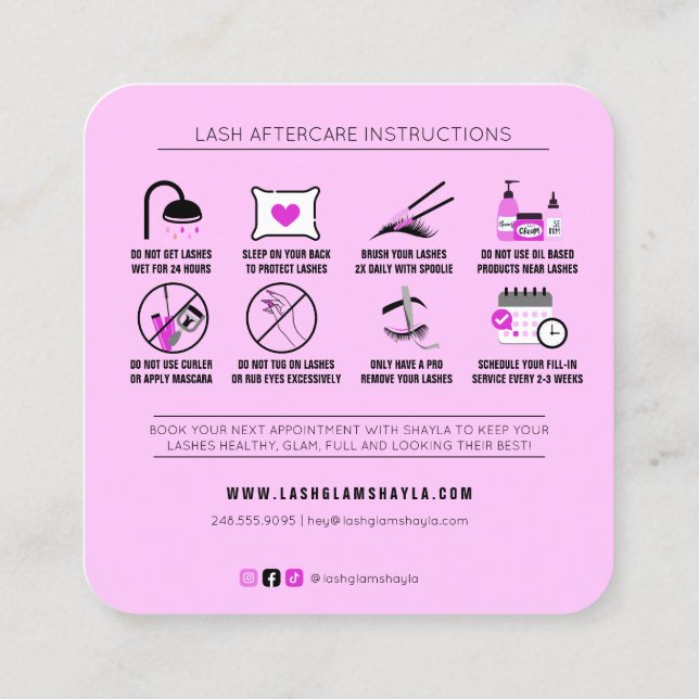Lash-Erweiterungen nach der Pflege Fuchsia Pink Quadratische Visitenkarte (Rückseite)