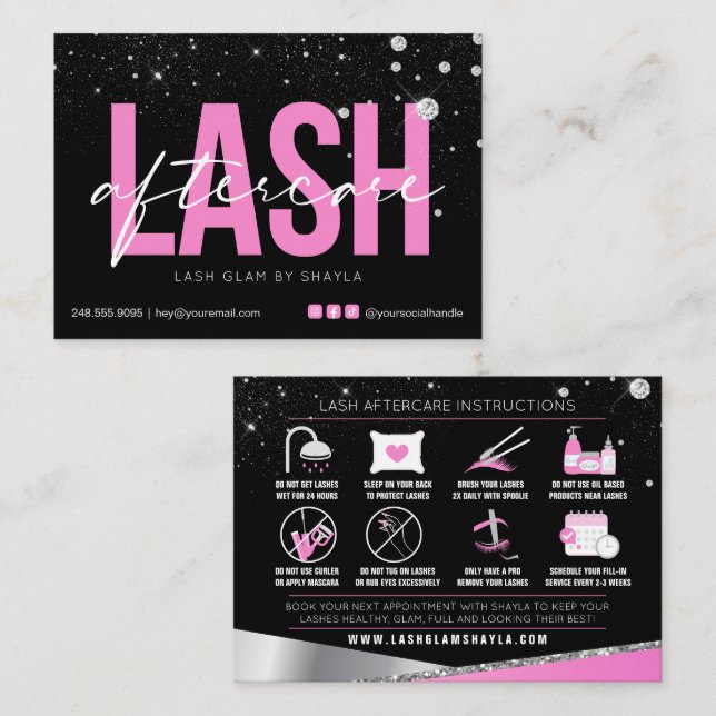 Lash-Erweiterungen nach der Pflege Glam Pink Diamo Visitenkarte (Vorne/Hinten)