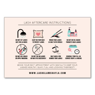 Lash Extension Aftercare Instructions Care Card Tischnummer