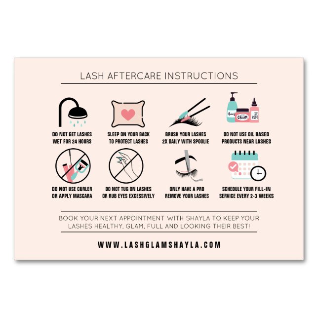 Lash Extension Aftercare Instructions Care Card Tischnummer (Rückseite)