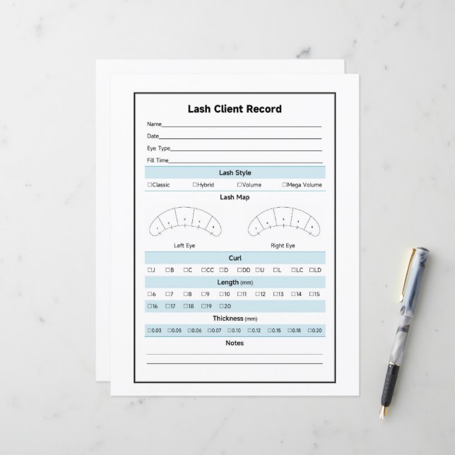 Lash Extension Client-Record (Vorderseite/Rückseite Beispiel)
