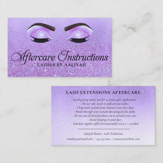Lash Extensions Aftercare Lila Glam Glitzer Eyes Visitenkarte (Vorne/Hinten)