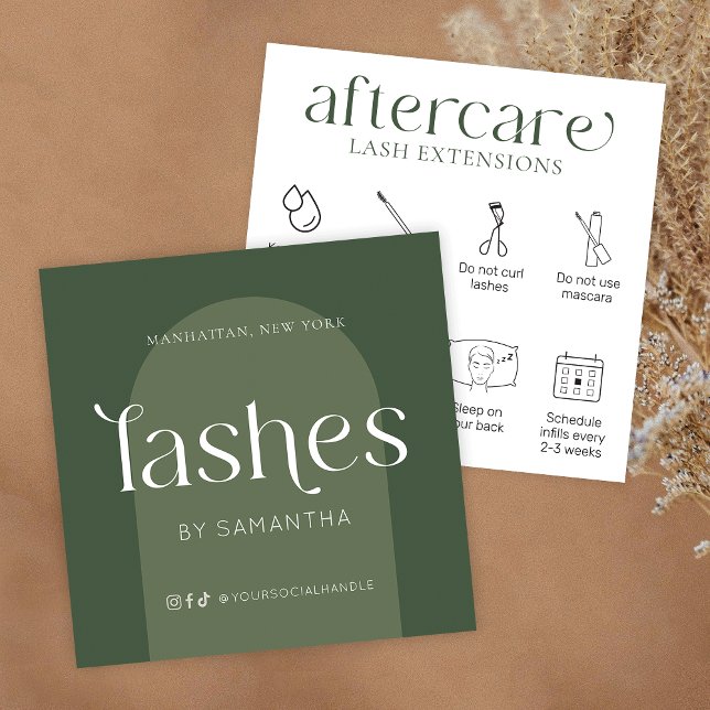 Lash Extensions Aftercare Modern Boho Sage Green Quadratische Visitenkarte (Lash extensions after care cards in boho sage green with care icons & trendy fonts)