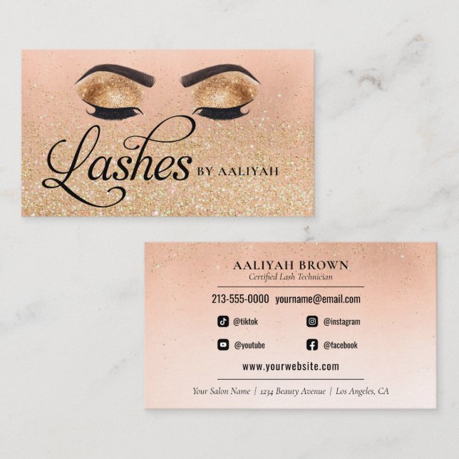 Lash Tech Gold Glam Glitzer Eyes Beauty Salon Visitenkarte (Vorne/Hinten)