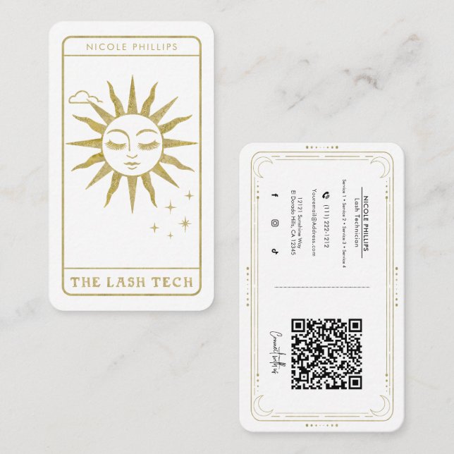 Lash Tech Golden Sun Tarot Social Media QR Visitenkarte (Vorne/Hinten)