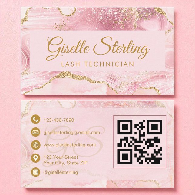 Lash Techniker Blush Pink Gold Agate QR Code Visitenkarte (Von Creator hochgeladen)