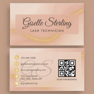 Lash Techniker Watercolor Gold Monogram QR Code Visitenkarte