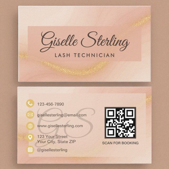 Lash Techniker Watercolor Gold Monogram QR Code Visitenkarte (Von Creator hochgeladen)