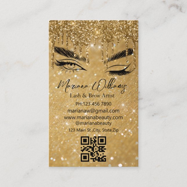lash und braun artist qr code golden Glitzern Visitenkarte (Vorderseite)