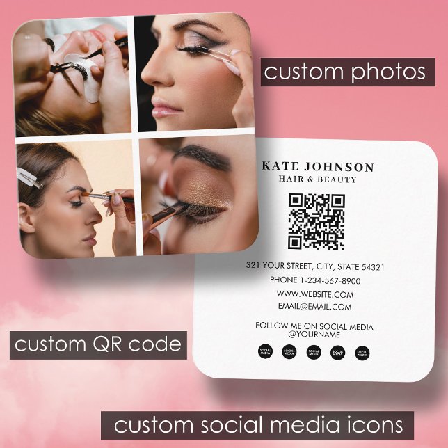 Lashes Beauty Salon Makeup Artist 4 Fotos QR Code Quadratische Visitenkarte (Lashes Beauty Salon Makeup Artist 4 Photos QR Code Square Business Card)