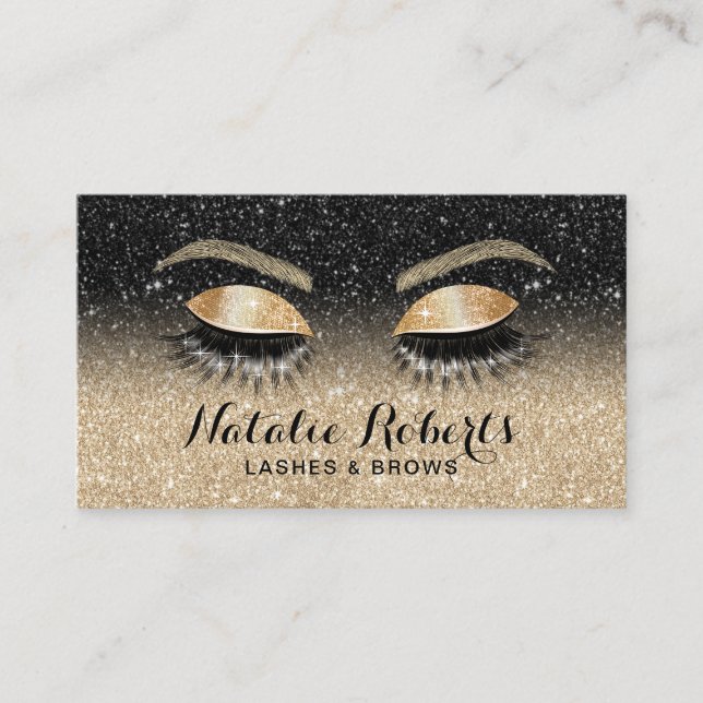 Lashes Brows Beauty Salon Black & Gold Glitzer  Visitenkarte (Vorderseite)