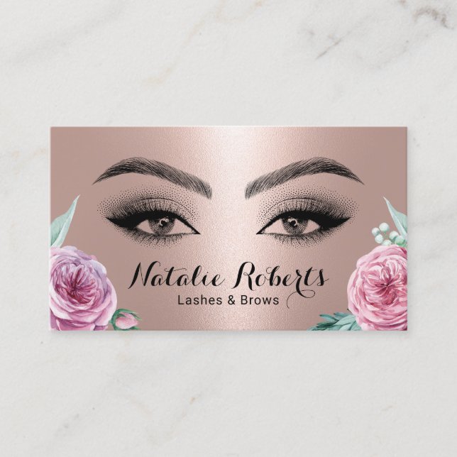 Lashes Brows Makeup Rose Gold Floral Salon Visitenkarte (Vorderseite)