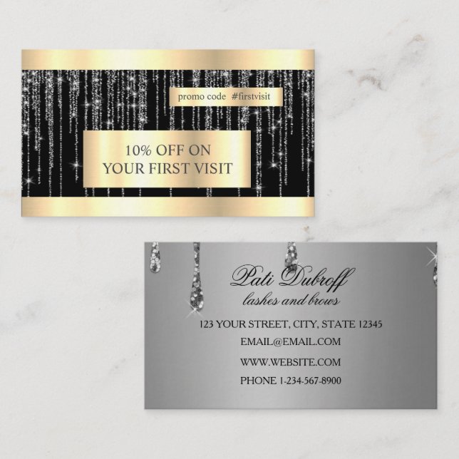 Lashes & Brows Microblading Pink & Silver Glitzer Visitenkarte (Vorne/Hinten)
