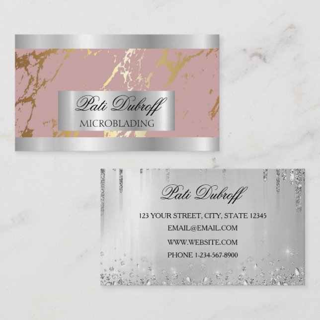 Lashes & Brows Microblading Pink & Silver Glitzer Visitenkarte (Vorne/Hinten)