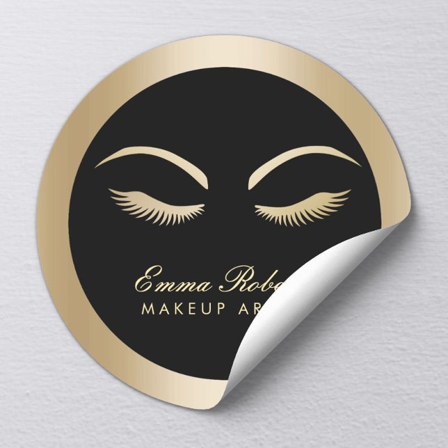 Lashes Makeup Artist Moderner Black & Gold Salon Runder Aufkleber (Von Creator hochgeladen)