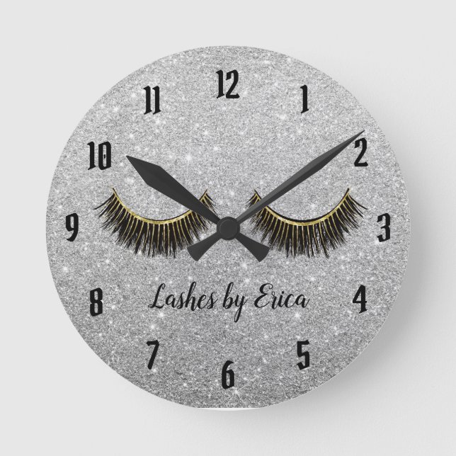 Lashes Makeup Artist Moderner Silver Glitzer Runde Wanduhr (Vorderseite)