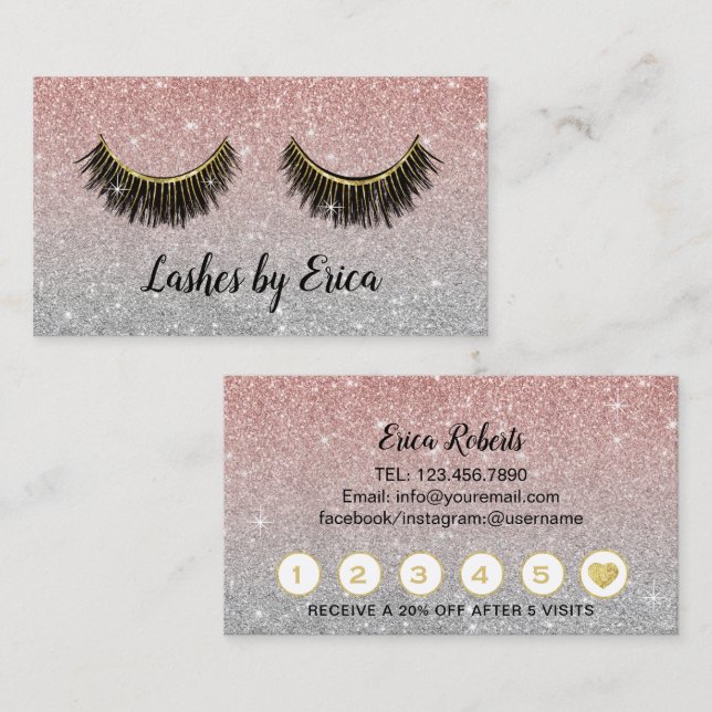 Lashes Makeup Artist Rose Gold Glitzer Loyalität Treuekarte (Vorne/Hinten)